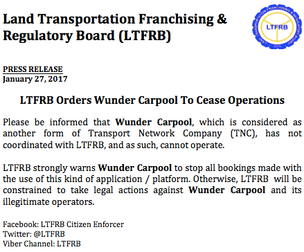 ltfrb wunder carpool • LTFRB orders Wunder Carpool and Angkas to cease operations