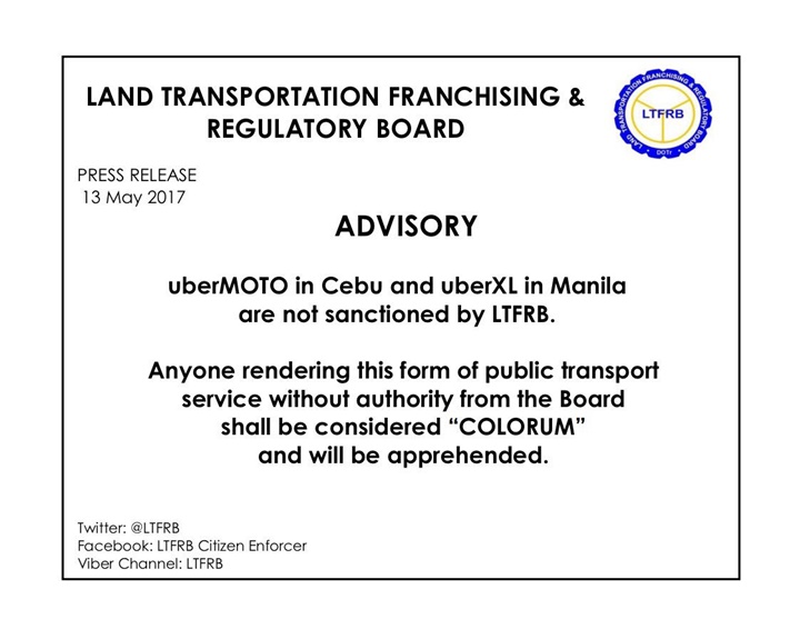 ltfrb ubermoto ban • LTFRB labels UberMOTO and UberXL as "colorum"