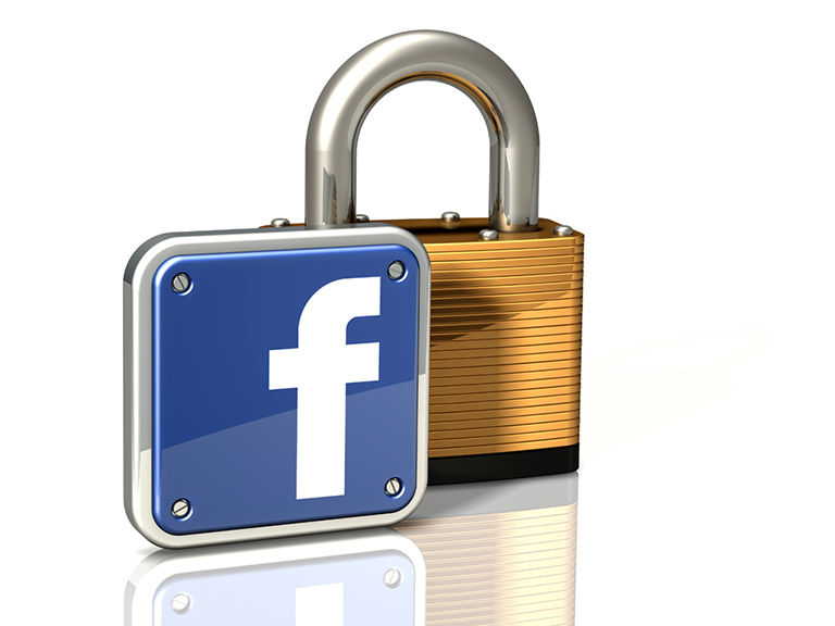 3D Illustration Of A Large Brass Padlock On A Reflective Surface With A Blue Facebook Logo Standing In Front Of It