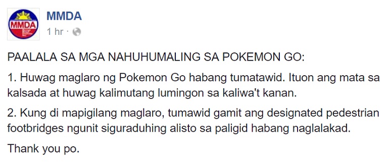 Mmda Pokemon Go • Mmda Posts Safety Reminders For Pokemon Go Players