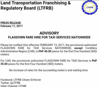 LTFRB announces flagdown fare hike for taxi services nationwide
