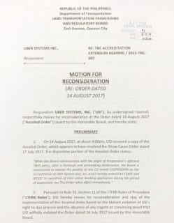 Breaking: Uber files motion for reconsideration with LTFRB, resumes operation today