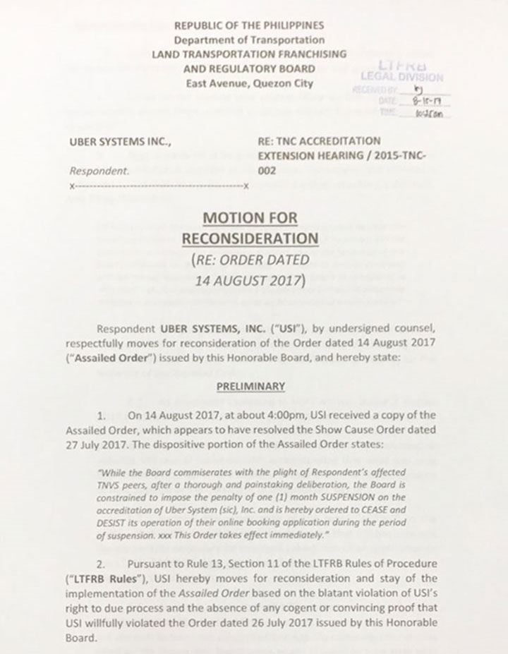 Motion Uber • Breaking: Uber Files Motion For Reconsideration With Ltfrb, Resumes Operation Today