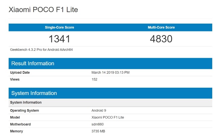 Xiaomi POCO F1 Lite spotted on Geekbench