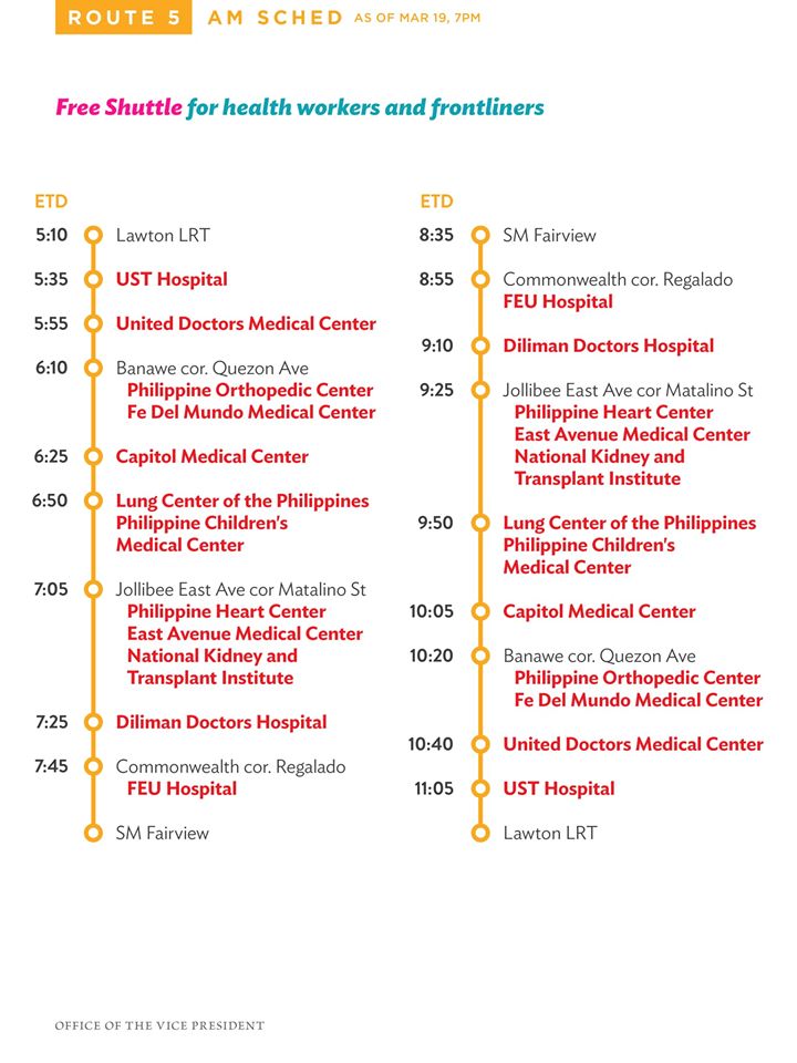 ovp am route 5 • List of free transport and pickup points in Metro Manila for health workers and frontliners