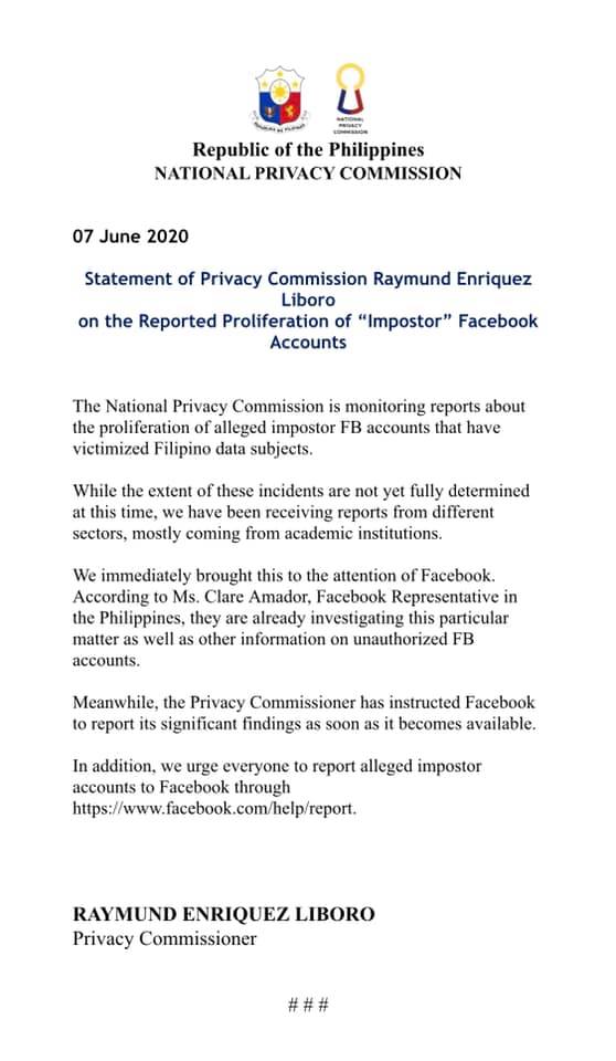 • Npc Official Statement Facebook Dummy Accounts • Npc Monitors Proliferation Of Impostor Facebook Accounts