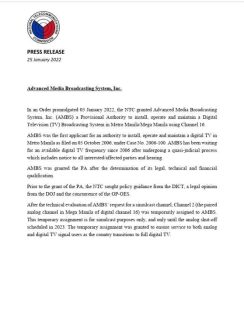 NTC grants Advanced Media Broadcasting frequency previously used by ABS-CBN