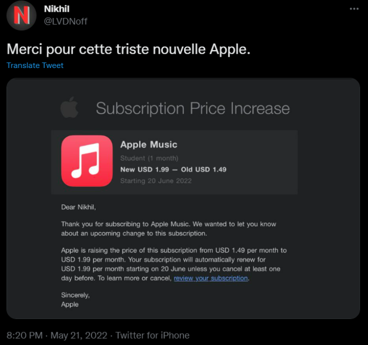 Twitter Tweet Screenshot Apple Music Student Price Increase