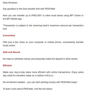 Bank-to-bank transfer up to Php500k on BPI Online via PESONet