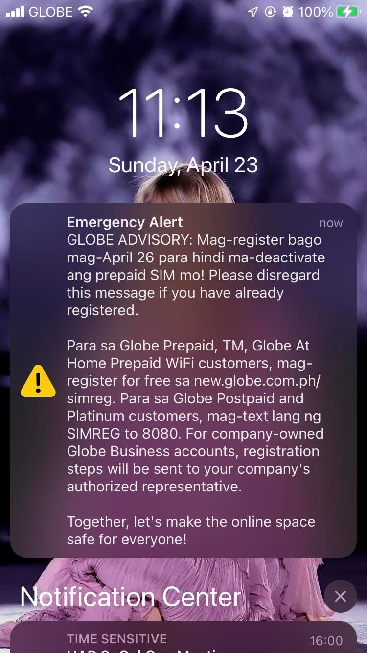 Globe Sim Reg Emergency Alert Screenshot April 2023
