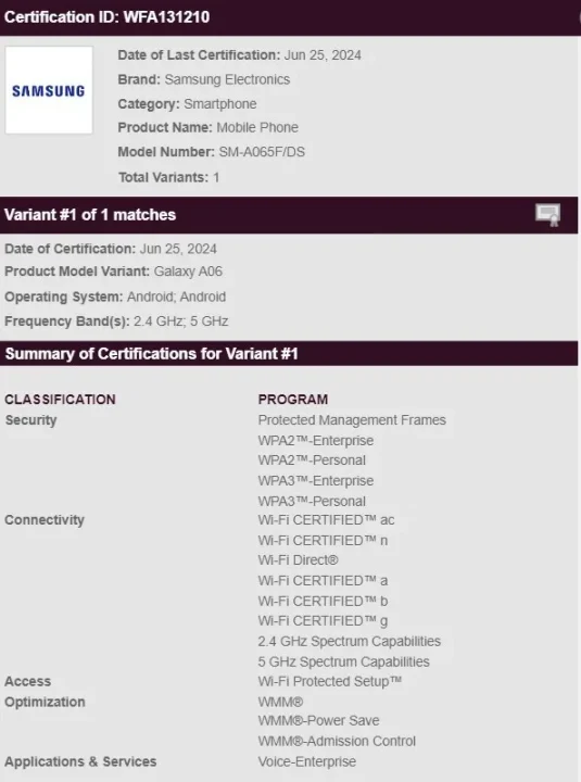 Samsung A06 Wi Fi
