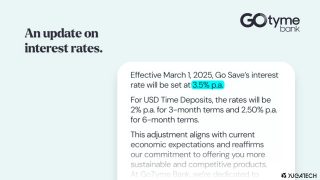 GoTyme Bank savings interest down to 3.5%, effective March 1st