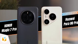 Side-by-side camera comparison of HONOR Magic 7 Pro and HUAWEI Pura 80 Pro smartphones.