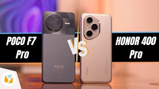 Side-by-side comparison of HONOR 400 Pro and POCO F7 Pro smartphones.