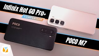 Side-by-side comparison of POCO M7 and Infinix HOT 60 Pro+ smartphones.