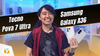 Side-by-side comparison of TECNO POVA 7 Ultra and Samsung Galaxy A36 smartphones.