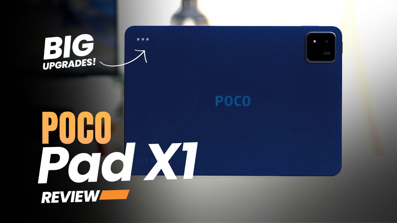 POCO Pad X1 tablet with stylus on a yellow background