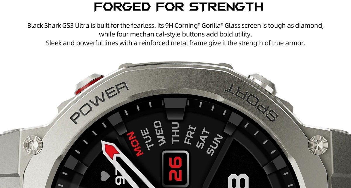Black Shark GS3 Ultra rugged smartwatch with circular AMOLED display and metal frame.