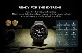 Black Shark GS3 Ultra rugged smartwatch with circular AMOLED display and metal buttons.