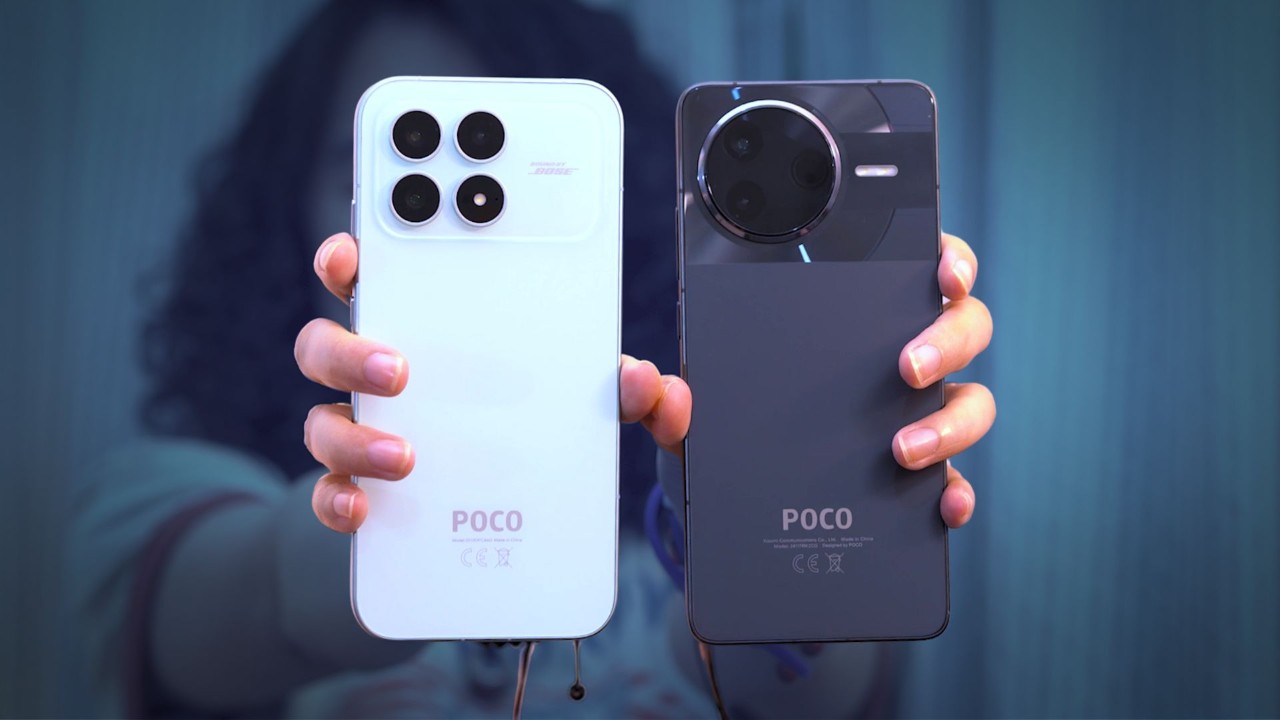 POCO F8 Pro and POCO F7 Pro smartphones side by side
