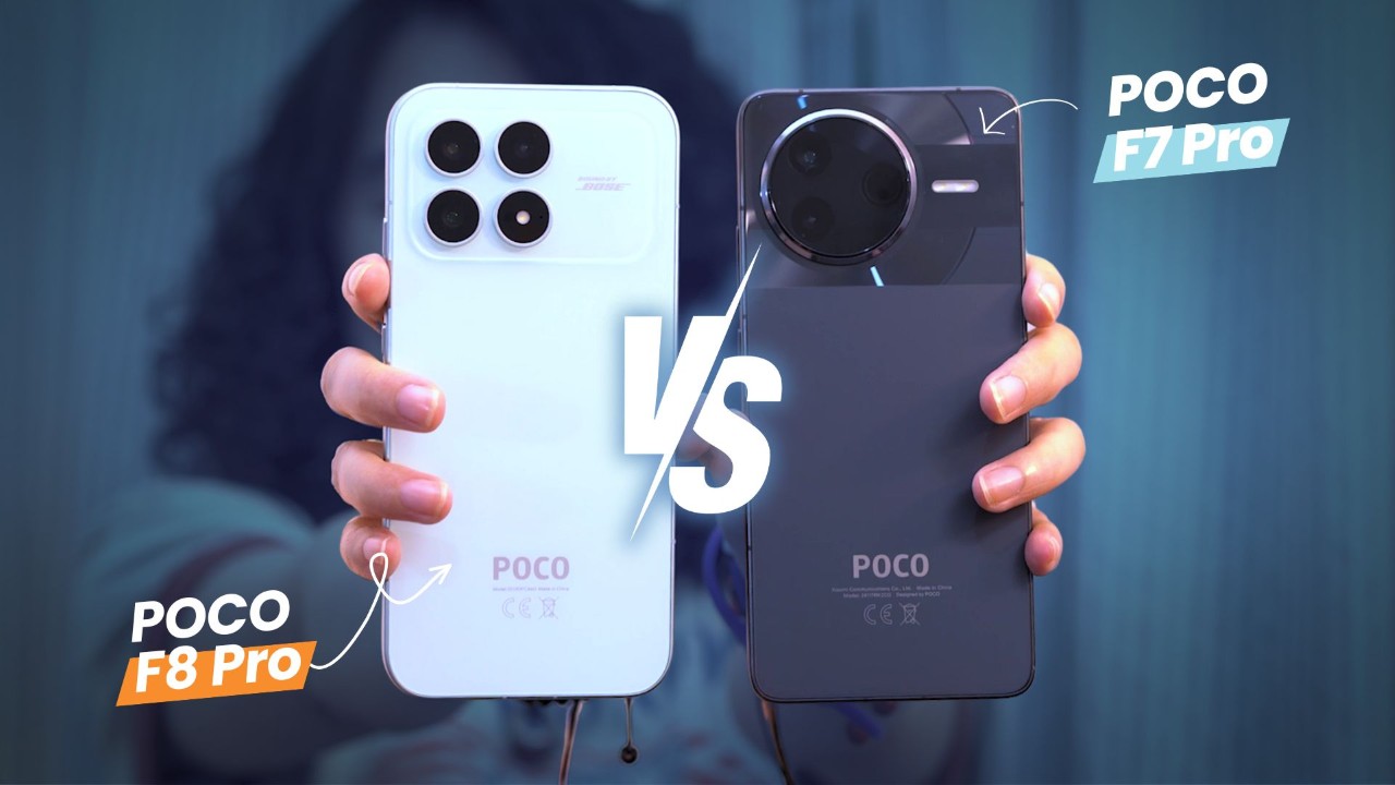 Side-by-side comparison of POCO F8 Pro and F7 Pro smartphones.