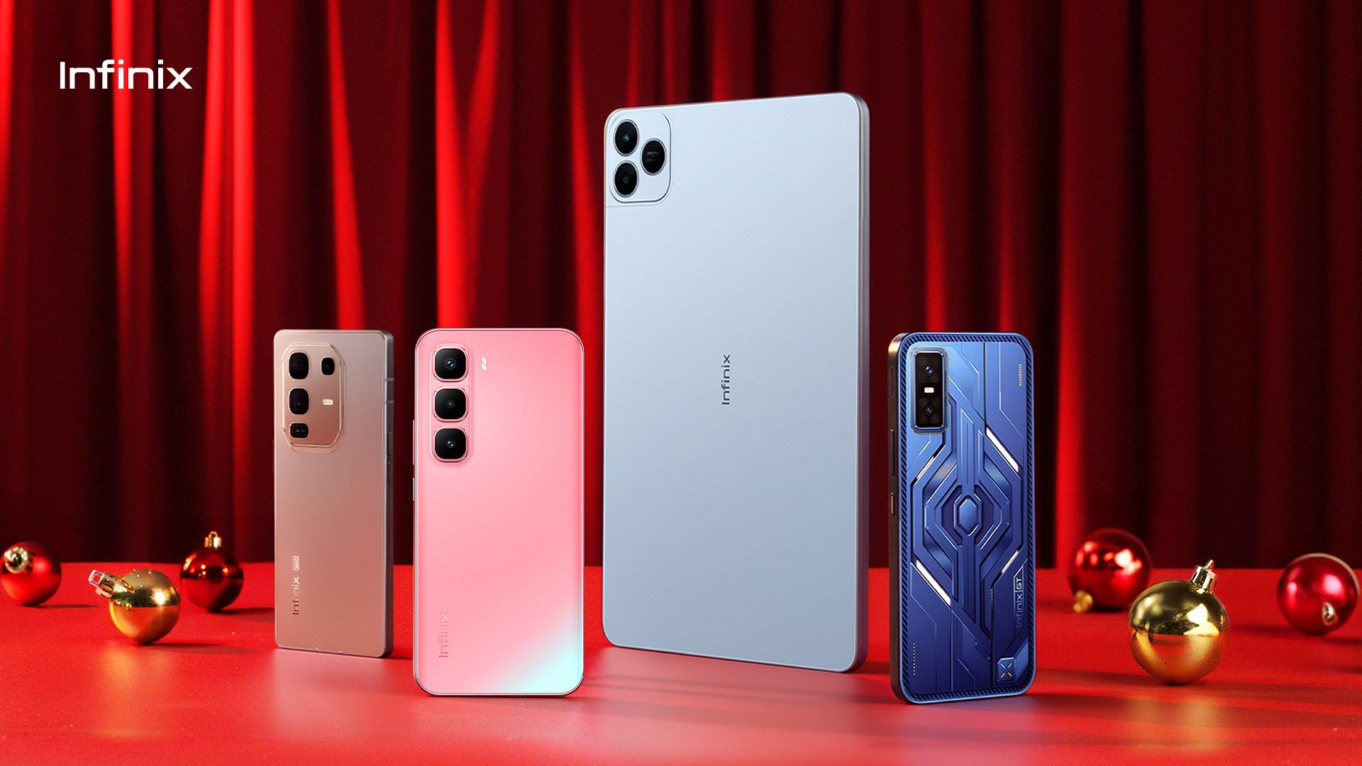 Infinix Christmas sale banner with festive decorations and smartphone deals