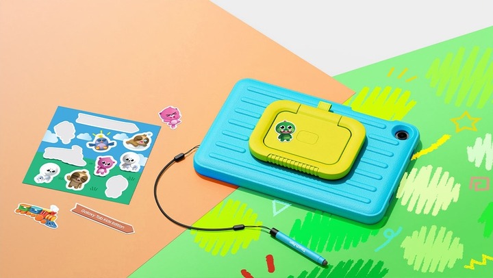 Samsung Galaxy Tab A11+ Kids Edition tablet with colorful protective case