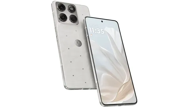 Motorola Edge 70 Cloud Dancer smartphone with sparkling Swarovski crystals.