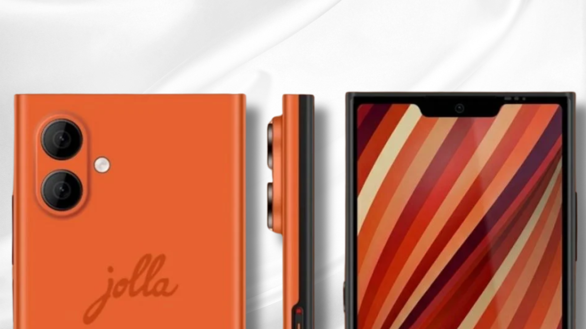 Black, white, and bright orange Jolla Phone with a removable back cover.