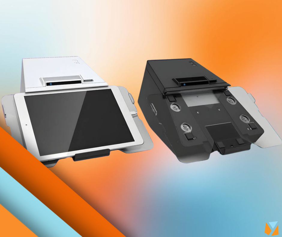 Compact receipt printer with integrated tablet mount for small retail spaces