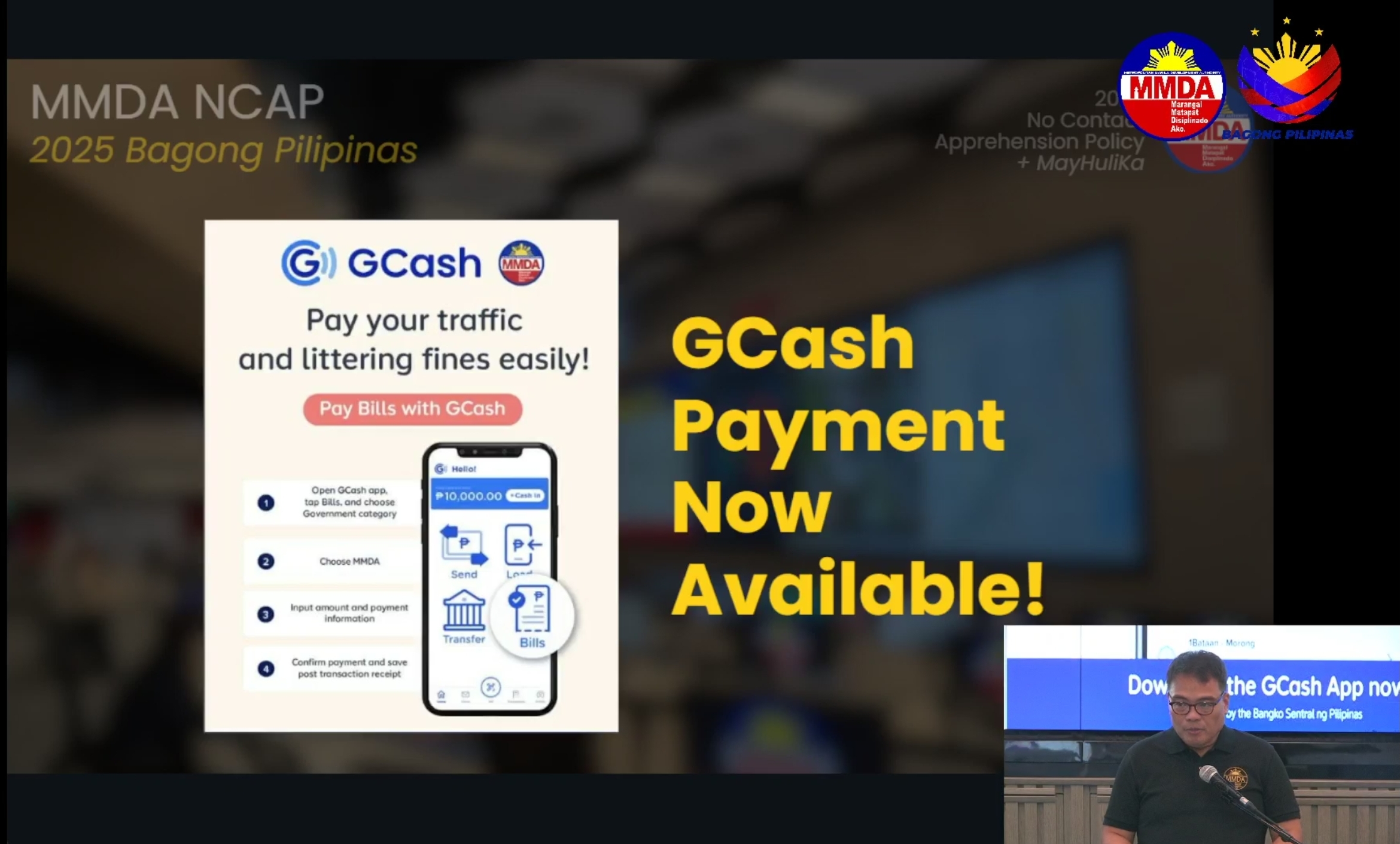 Smartphone screenshot showing GCash payment option for MMDA traffic fines