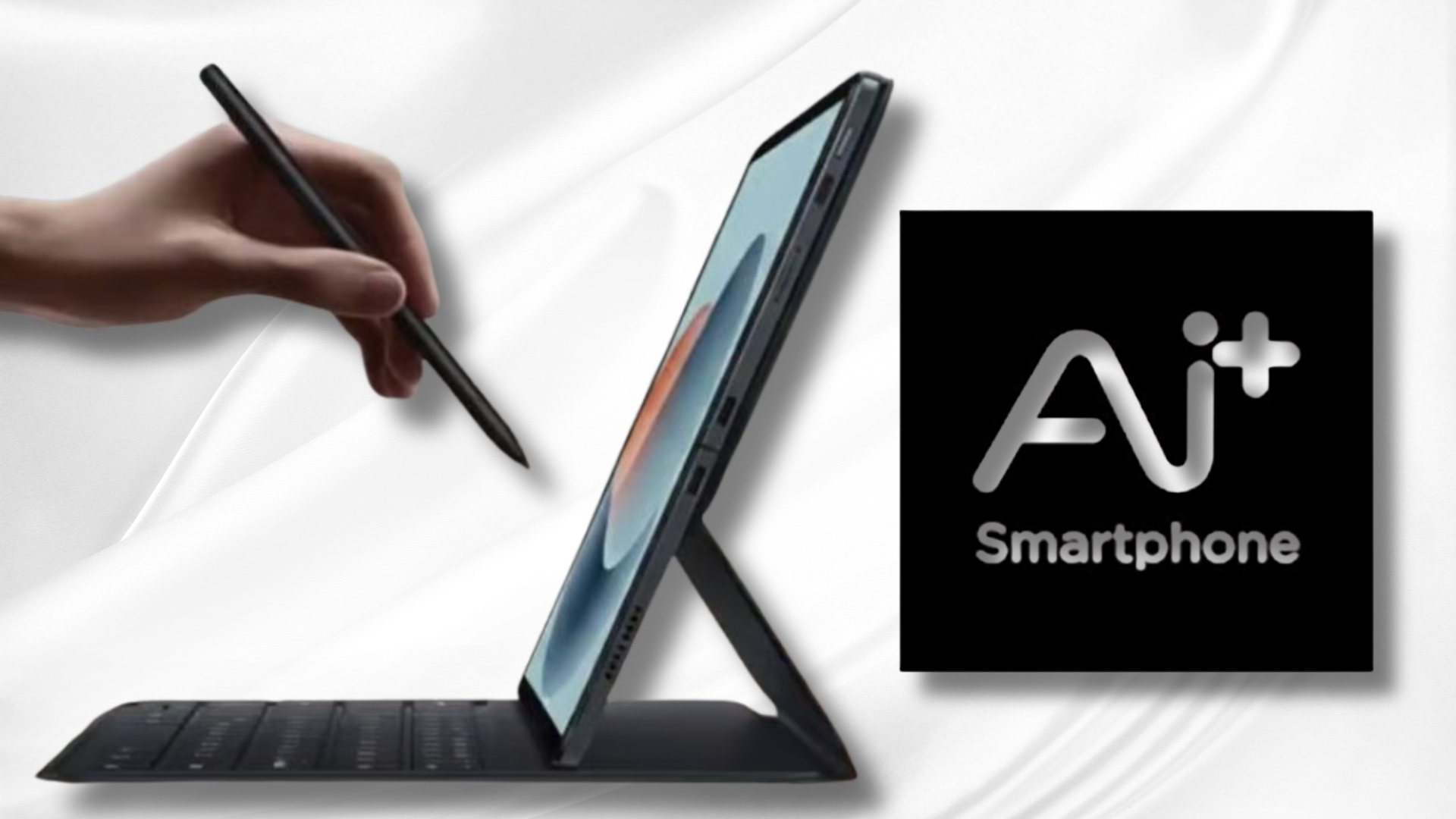 Ai+ Laptab tablet with keyboard and stylus on a desk.