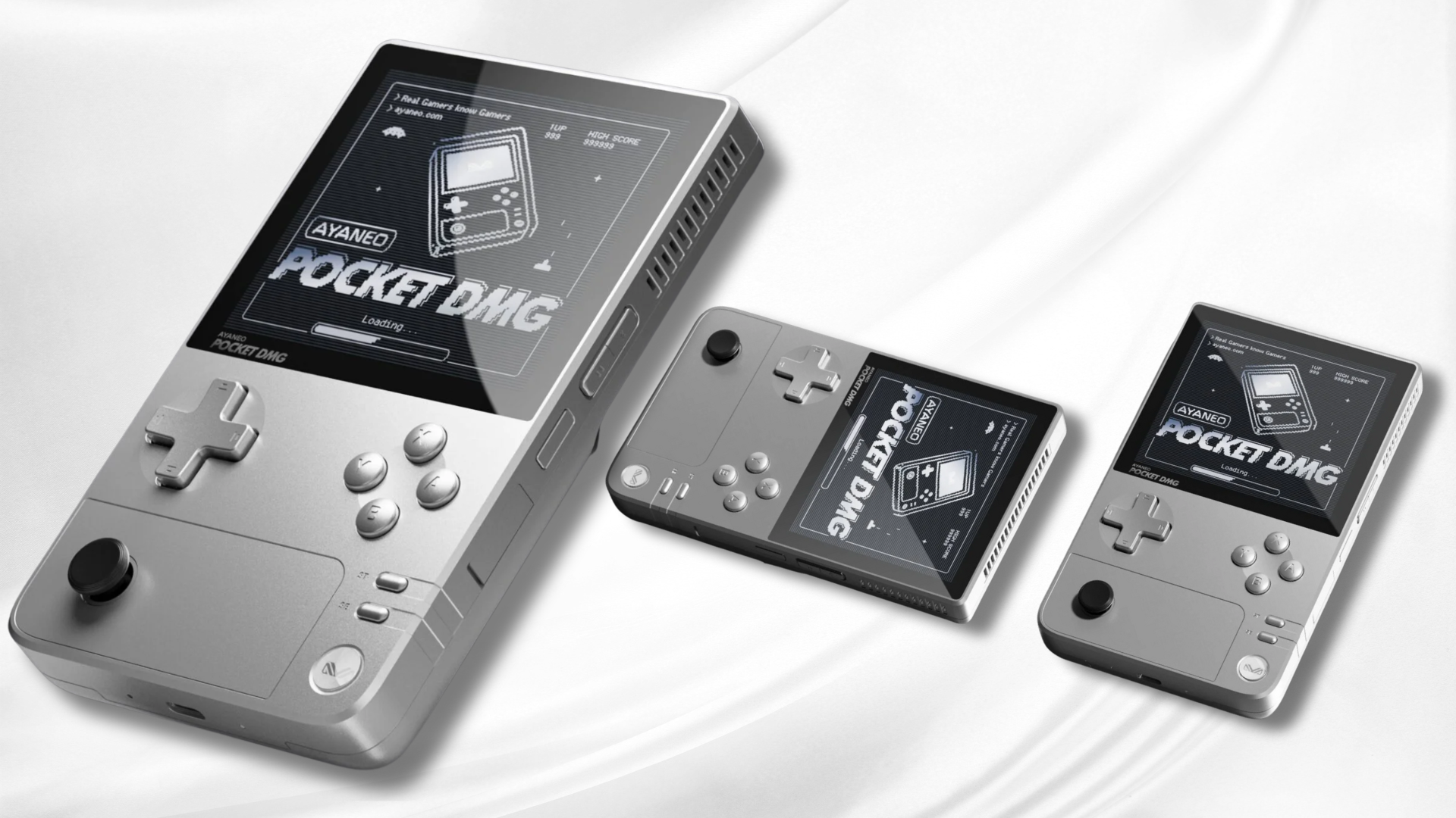 Silver retro handheld console with OLED screen and tactile controls