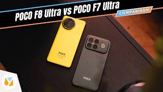 Side-by-side comparison of POCO F8 Ultra and POCO F7 Ultra smartphones.